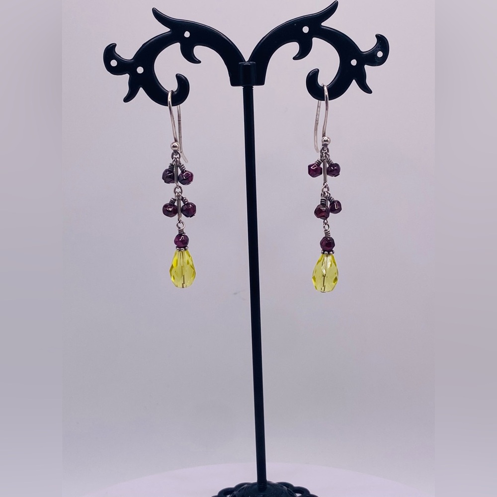 Silpada Rare HTF Sterling Silver Garnet & Yellow Glass Wire Dangle Earrings